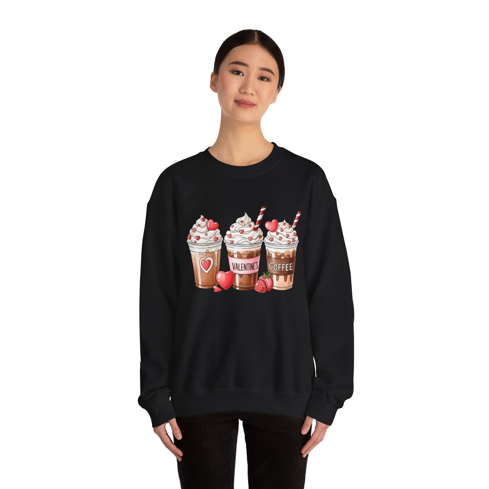 Valentine Coffee Crewneck Sweatshirt — Cute Hot Cocoa & Heart Drinks Design
